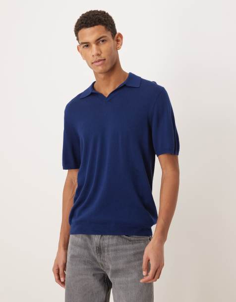 ASOS DESIGN – Granatowa dzianinowa koszulka polo z wełny merino z wycięciem w dekolcie - view 1