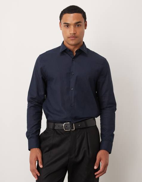 ASOS DESIGN formal linen blend regular shirt in navy