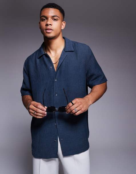 ASOS DESIGN boxy oversized textured shirt in navy