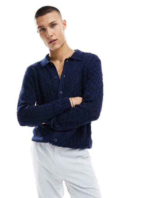 ASOS DESIGN – Granatowa fakturowana koszulka dzianinowa polo zapinana na guziki