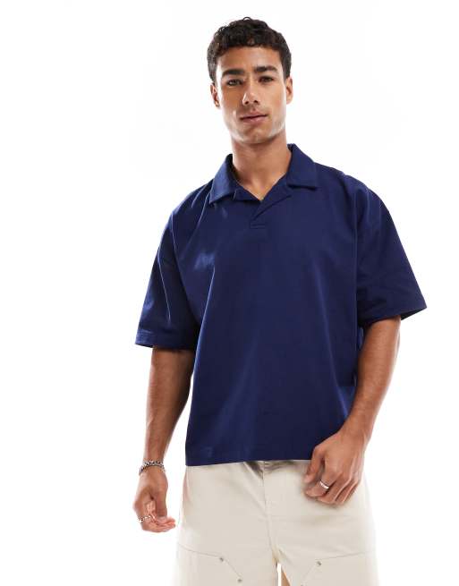 ASOS DESIGN – Granatowa gruba koszulka polo z kołnierzykiem kubańskim o pudełkowym kroju oversize