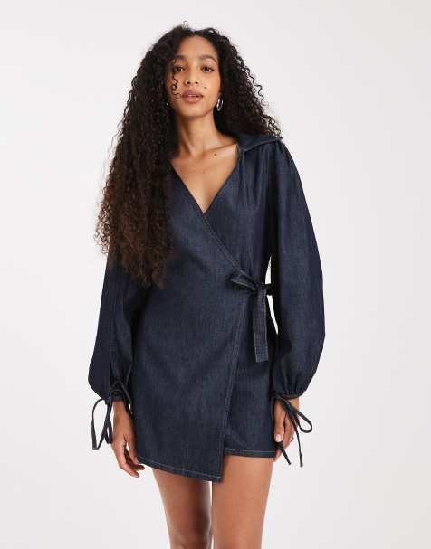 ASOS DESIGN denim wrap mini dress with balloon sleeve in rinse wash