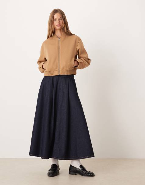 ASOS DESIGN denim circle skirt with pleated waist in rinse wash