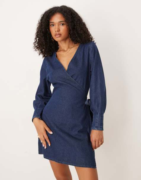 ASOS DESIGN denim long sleeve wrap mini dress with pleat cuff detail in rinse