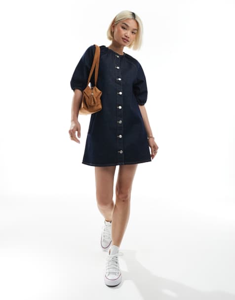 ASOS DESIGN raglan puff sleeve denim mini dress in rinse wash