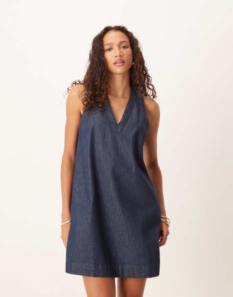 ASOS DESIGN denim v neck shift dress in rinse