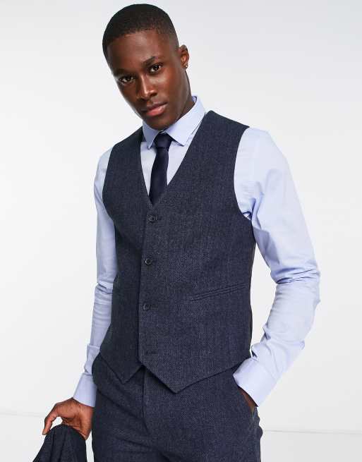 ASOS DESIGN – Granatowa kamizelka garniturowa o obcisłym kroju z mieszanki wełny w jodełkę