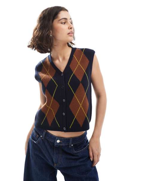 ASOS DESIGN boxy structured argyle waistcoat in navy