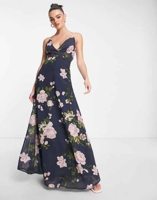 ASOS DESIGN – Granatowa kopertowa sukienka maxi na ramiączkach ze sznurowanym tyłem w kwiatowy wzór