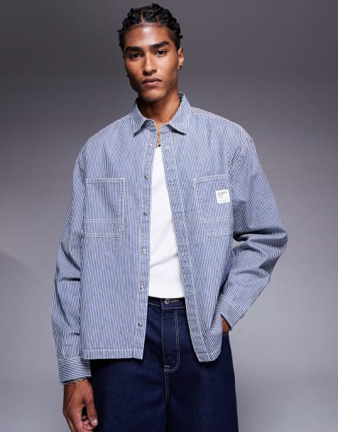 ASOS DESIGN – Granatowa koszula jeansowa o pudełkowym kroju oversize w paski z naszywką - view 1