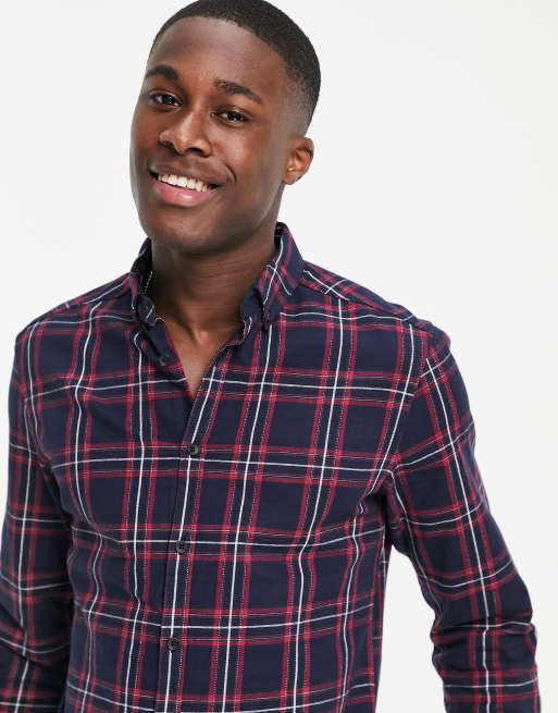 ASOS DESIGN – Granatowa koszula o dopasowanym kroju ze stretchem i wzorem w kratkę