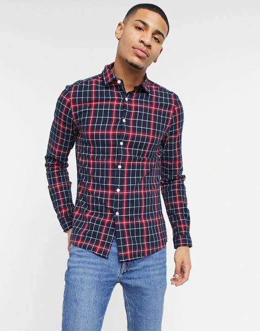ASOS DESIGN – Granatowa koszula o dopasowanym kroju ze stretchem w kratkę