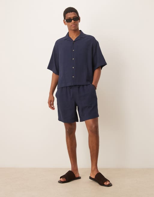 ASOS DESIGN – Granatowa koszula o pudełkowym kroju oversize z kołnierzykiem kubańskim z mieszanki lnu, część zestawu, 2 z 4