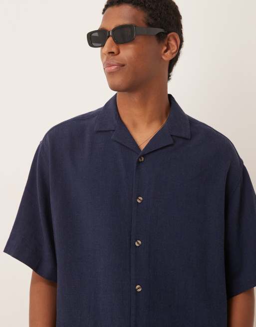 ASOS DESIGN – Granatowa koszula o pudełkowym kroju oversize z kołnierzykiem kubańskim z mieszanki lnu, część zestawu, 4 z 4