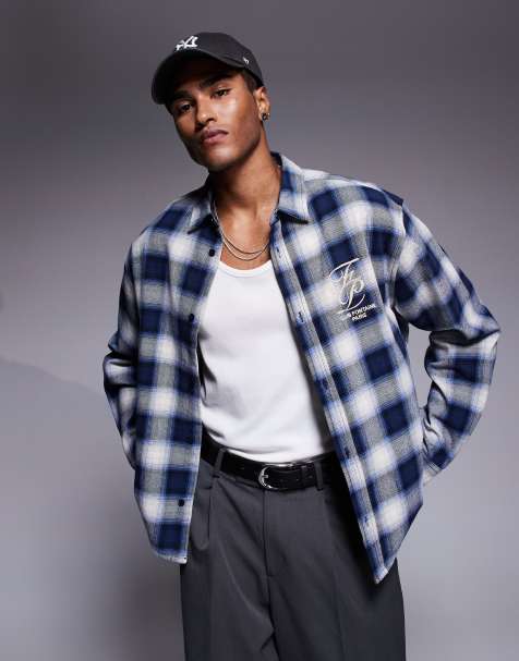 ASOS DESIGN boxy oversized check shirt with chest embroidery in navy