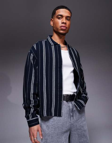 ASOS DESIGN boxy oversized stripe shirt in navy