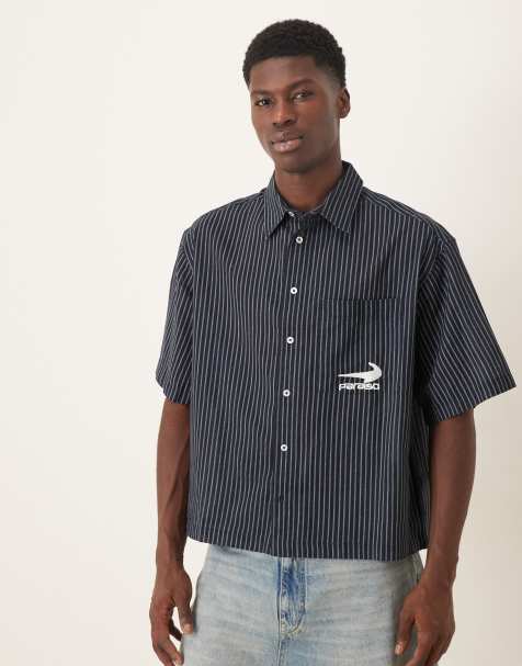 ASOS DESIGN boxy oversized shirt with chest embroidery in navy