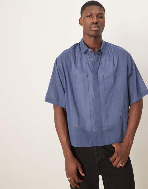 ASOS DESIGN boxy oversized shirt with embroidery in navy