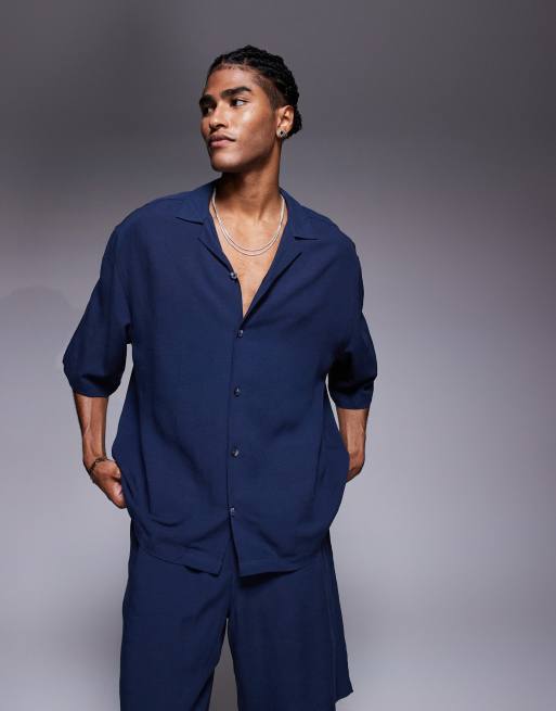 ASOS DESIGN – Granatowa koszula oversize o pudełkowym kroju z kołnierzykiem kubańskim, część zestawu