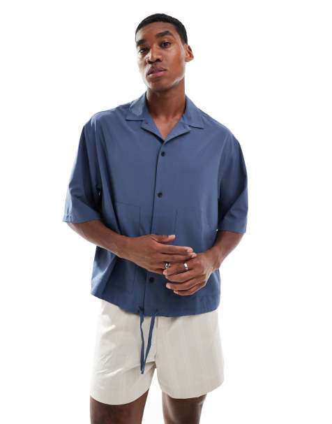ASOS DESIGN oversized boxy shirt with half sleeve in navy