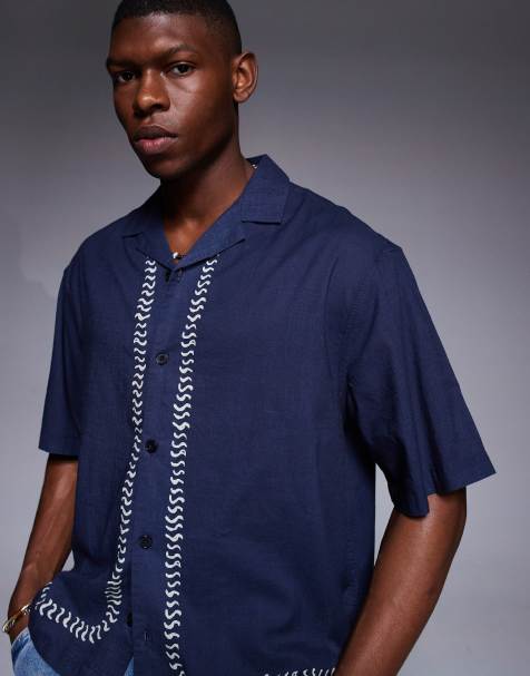 ASOS DESIGN boxy oversized shirt with border print in navy