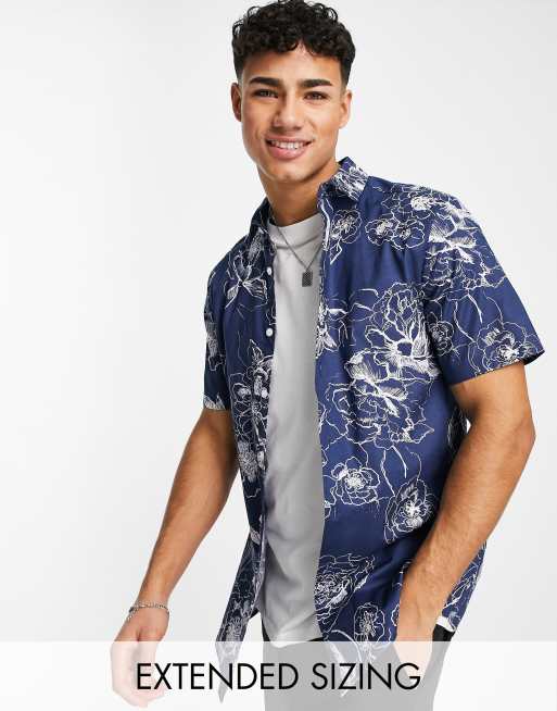 ASOS DESIGN – Granatowa koszula w kwiaty o dopasowanym kroju, ze stretchem