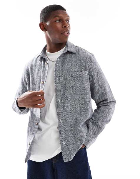 ASOS DESIGN herringbone overshirt with patch pocket in navy