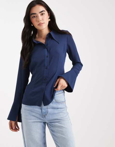 ASOS DESIGN – Granatowa koszula z dużym kołnierzem i mankietami - view 1