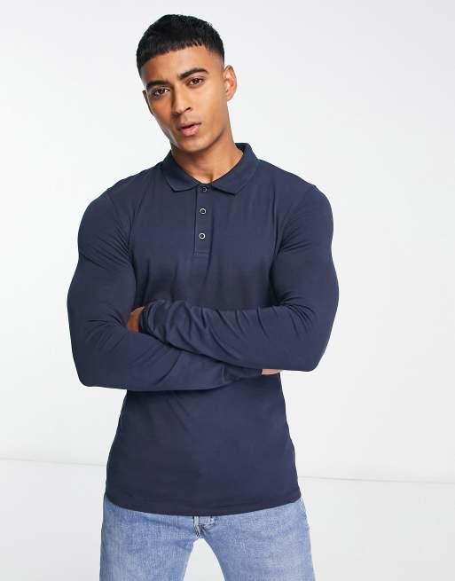 ASOS DESIGN – Granatowa koszulka polo o kroju podkreślającym sylwetkę z długim rękawem