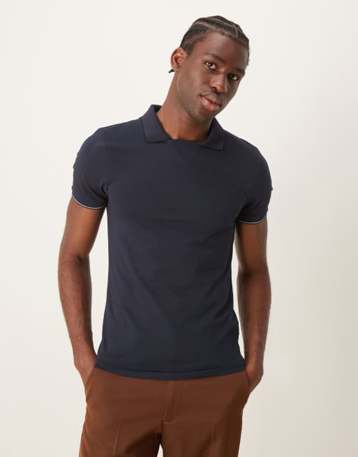 ASOS DESIGN – Granatowa koszulka polo o kroju podkreślającym sylwetkę z kołnierzykiem kubańskim