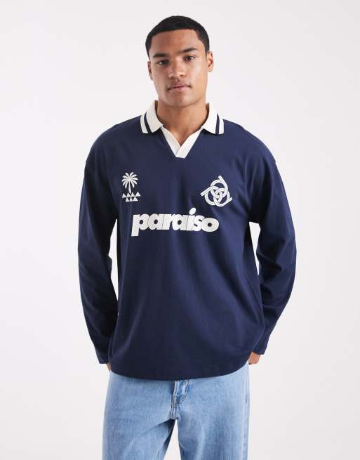 ASOS DESIGN – Granatowa koszulka polo oversize z długimi rękawami i grafiką sportową