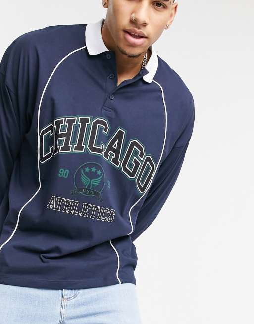 ASOS DESIGN – Granatowa koszulka polo oversize z długimi rękawami z nadrukiem miasta