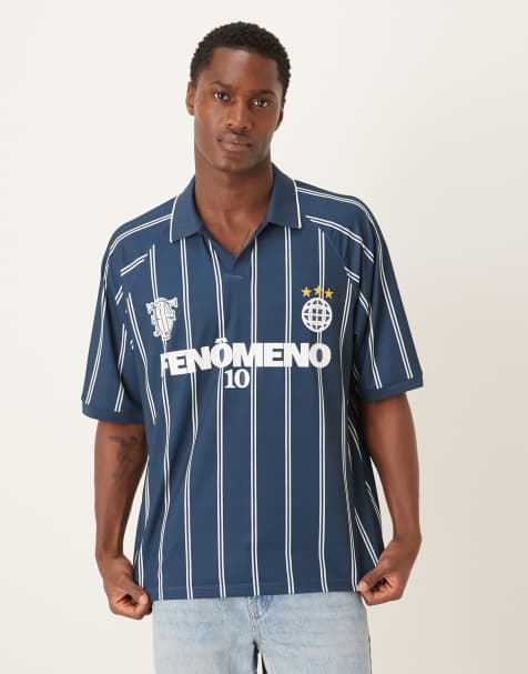 ASOS DESIGN – Granatowa koszulka polo oversize z materiału sportowego w paski ze sportową grafiką - view 1
