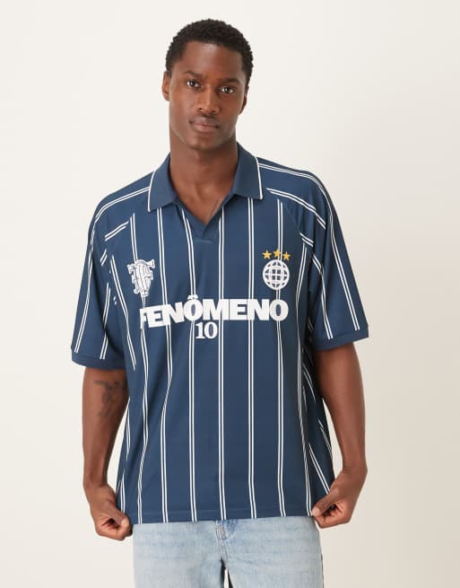 ASOS DESIGN – Granatowa koszulka polo oversize z materiału sportowego w paski ze sportową grafiką