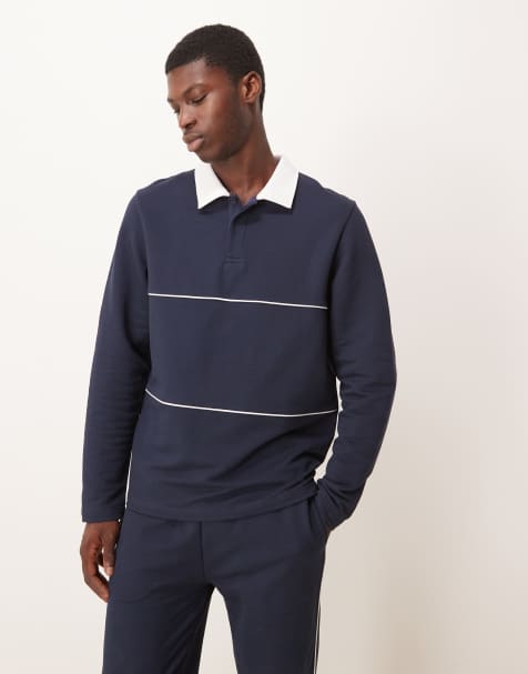 ASOS DESIGN regular fit pique rugby polo with piping in navy