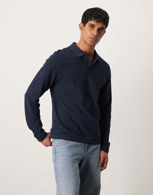 ASOS DESIGN – Granatowa koszulka polo z długimi rękawami z piki