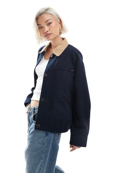 ASOS DESIGN bomber barn jacket with camel collar in navy
