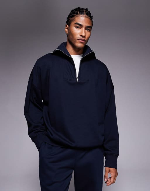 ASOS DESIGN – Granatowa luźna bluza z obniżoną linią ramion i zapięciem na zamek pod szyją