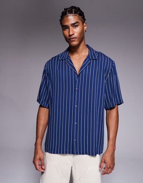 ASOS DESIGN relaxed revere shirt in navy pinstripe
