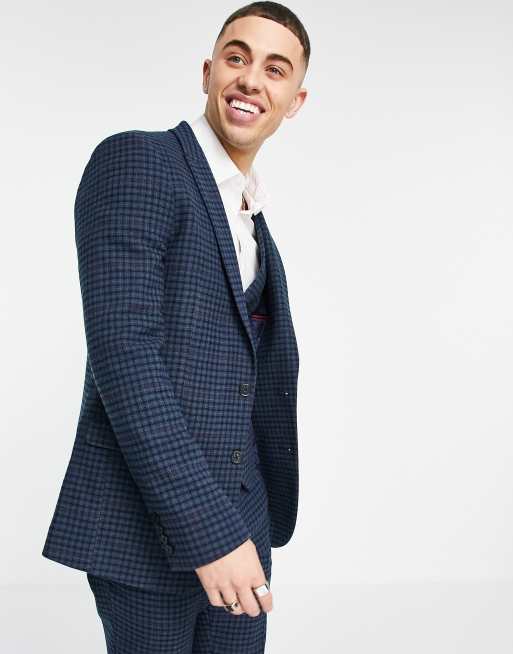 ASOS DESIGN – Granatowa marynarka garniturowa z domieszką wełny w kratę o bardzo obcisłym kroju