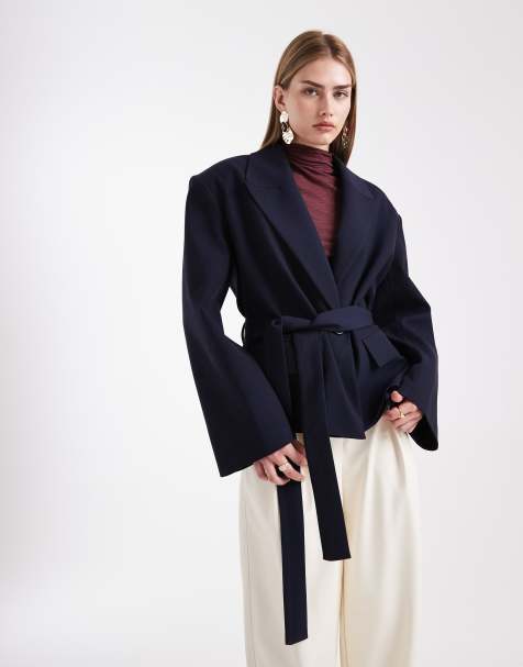 ASOS DESIGN tailored boxy belted blazer in navy