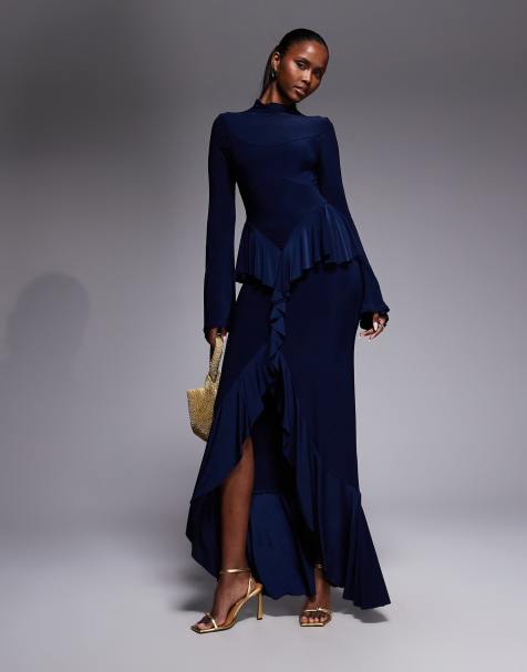 ASOS DESIGN – Granatowa miękka sukienka maxi z długimi rękawami i baskinką - view 1