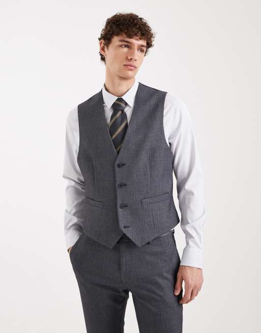 ASOS DESIGN – Granatowy dopasowany garnitur z imitacji wełny ze wzorem w jodełkę, 2 z 4