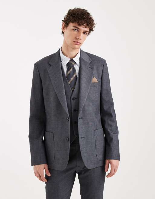 ASOS DESIGN – Granatowy dopasowany garnitur z imitacji wełny ze wzorem w jodełkę, 3 z 4