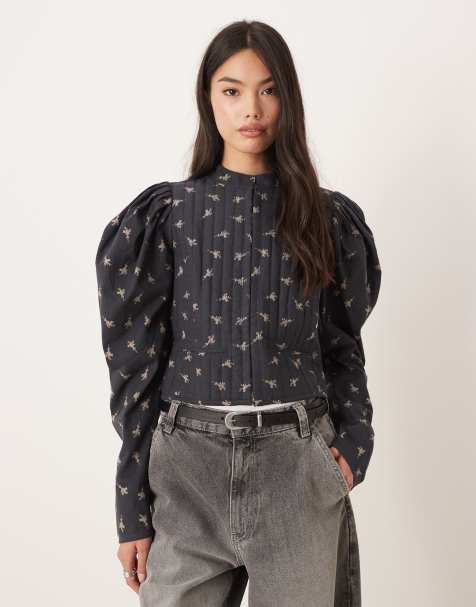 ASOS DESIGN volume sleeve quilted bed jacket in navy floral print