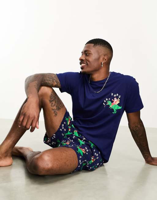 ASOS DESIGN – Granatowa piżama w świąteczny wzór w dinozaury: T-shirt i szorty