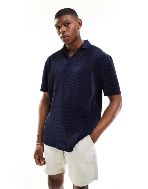 ASOS DESIGN – Granatowa plisowana koszulka polo o luźnym kroju z kołnierzykiem kubańskim