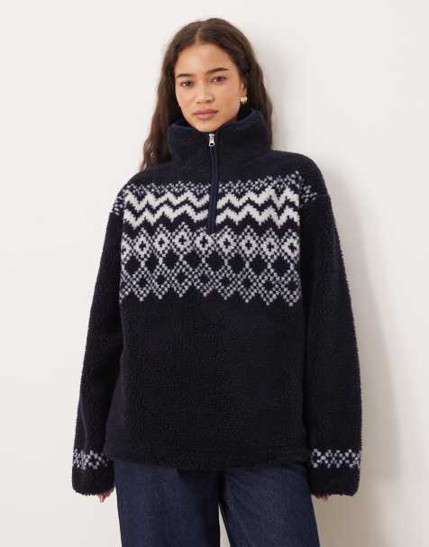 ASOS DESIGN borg fleece half zip with placement fairisle in navy