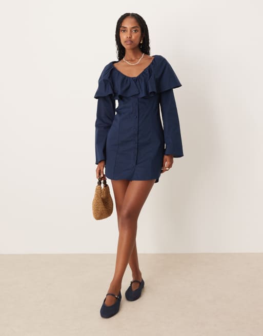 ASOS DESIGN – Granatowa popelinowa sukienka mini z zapięciem na guziki i falbanką na dekolcie