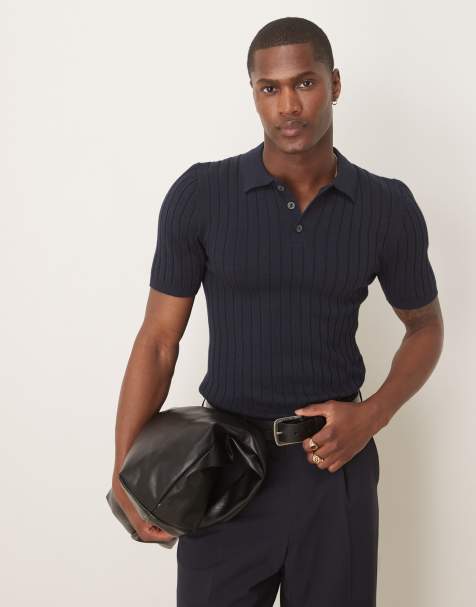 ASOS DESIGN muscle fit knitted rib polo t-shirt in navy